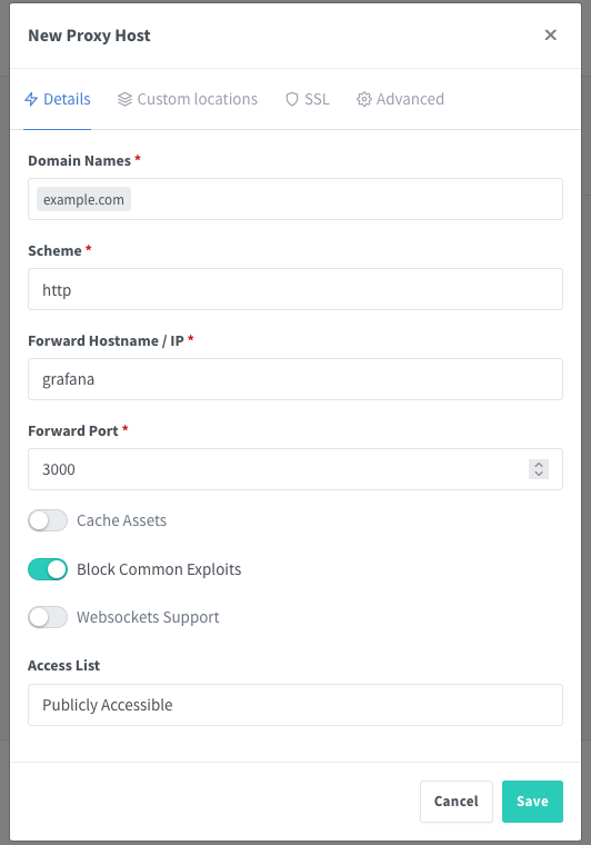 Creating a proxy host in the Nginx Proxy Manager Creating a proxy host in the Nginx Proxy Manager